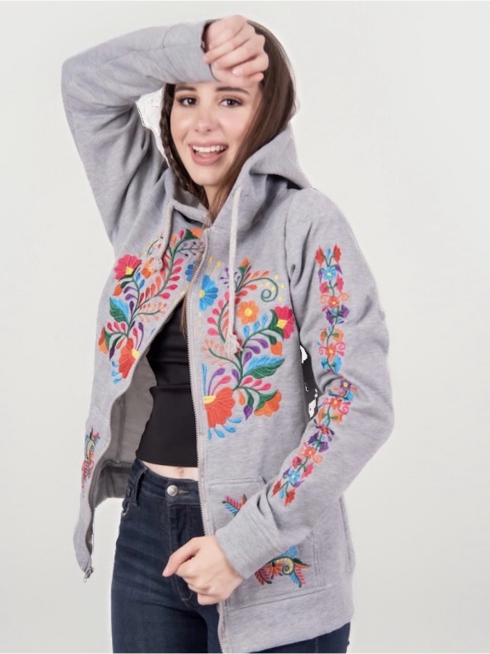 Mexico Bright Floral Embroidered Grey Hoodie Lightweight Good Sweatshirt M